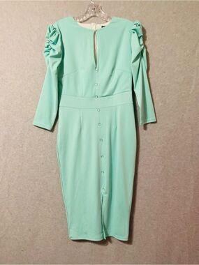 CBR Women's Dress Mint Green Ruched Sleeve Midi Dress Sz L